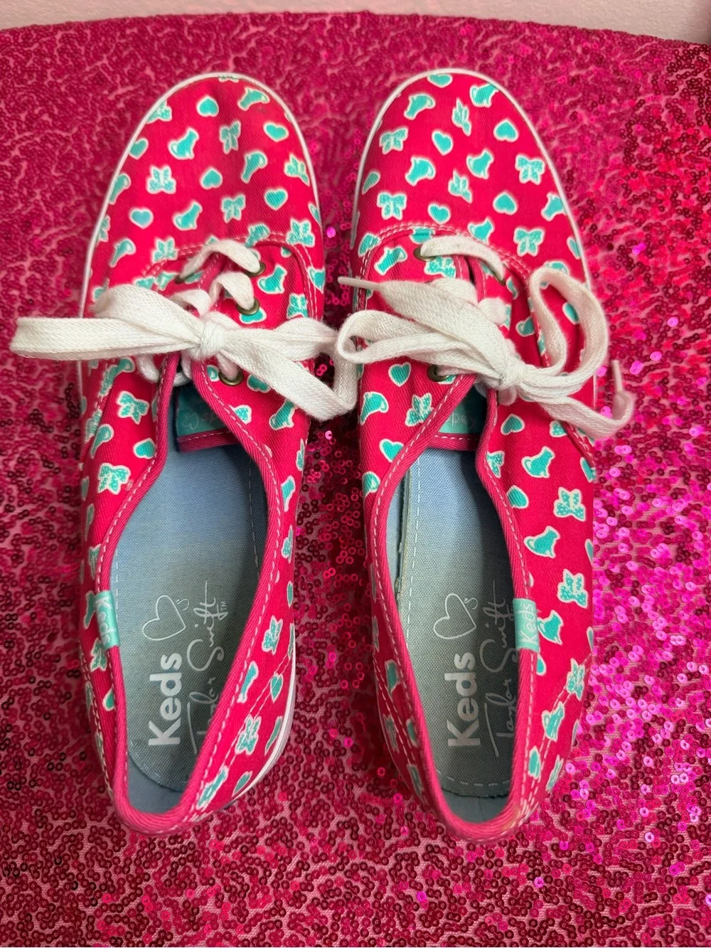 Keds Pink Canvas Taylor Swift Sneakers with Teal Heart Print